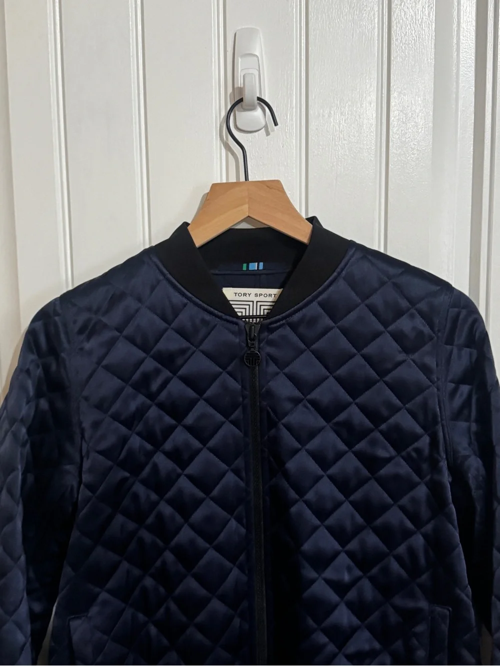 Tory Burch Sport Quilted Bomber Jacket Satin Blue Size Small